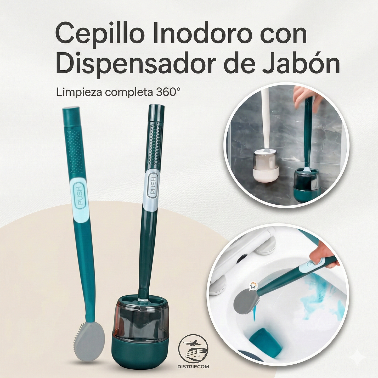 Cleanova + “Limpieza Total Sin Tocar la Suciedad.” / Cepillo inodoro con dispensador de jabón