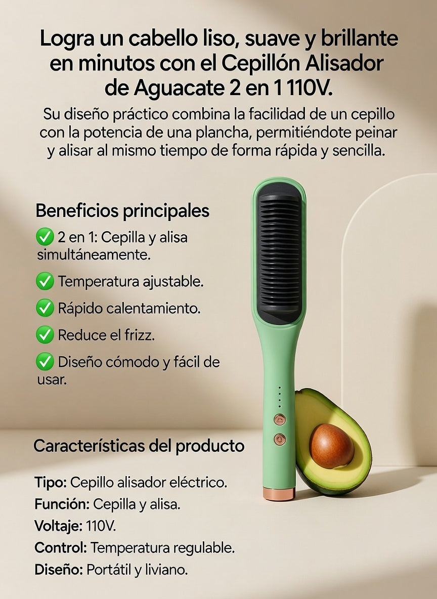 ProNovaLiss™  Cepillo Alisador De Aguacate 2 En 1 / “Alisa, moldea y controla tu cabello en minutos… sin maltratarlo.”